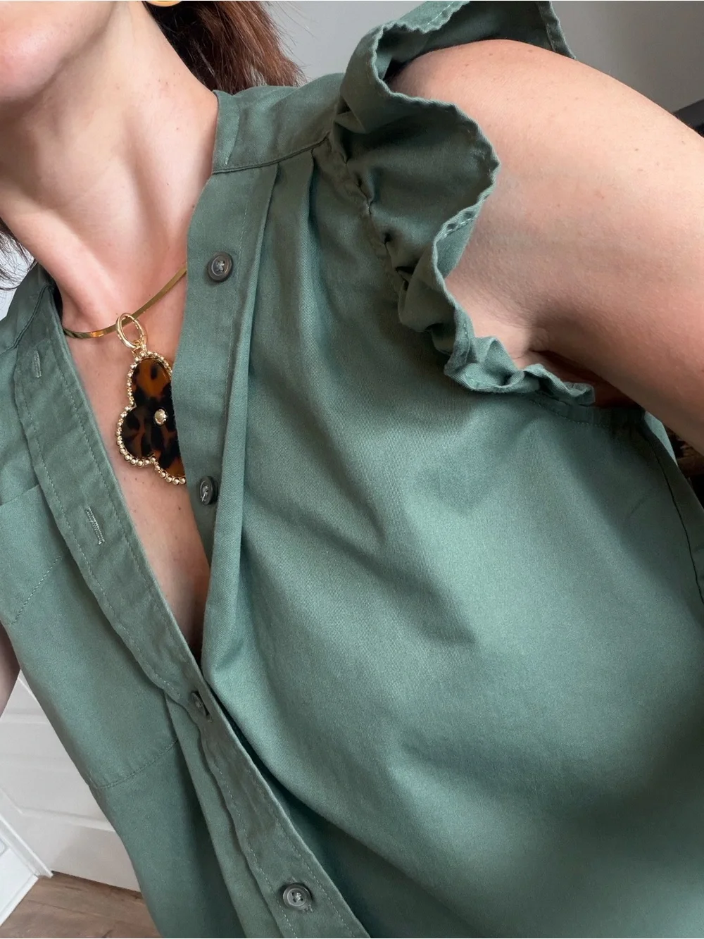 KMJ Ruffled Sleeve  Button-Front Top -  Green - Picture 2 of 14